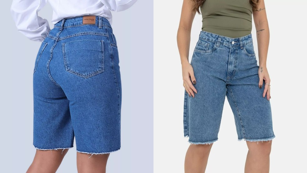 A bermuda jeans soltinha pode ter cintura baixa, média e alta e detalhes como bolsos chamativos e barra desfiadinha — Foto: Divulgação/Mercado Livre