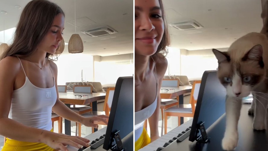 Mel Maia é atrapalhada por sua gatinha ao tocar piano