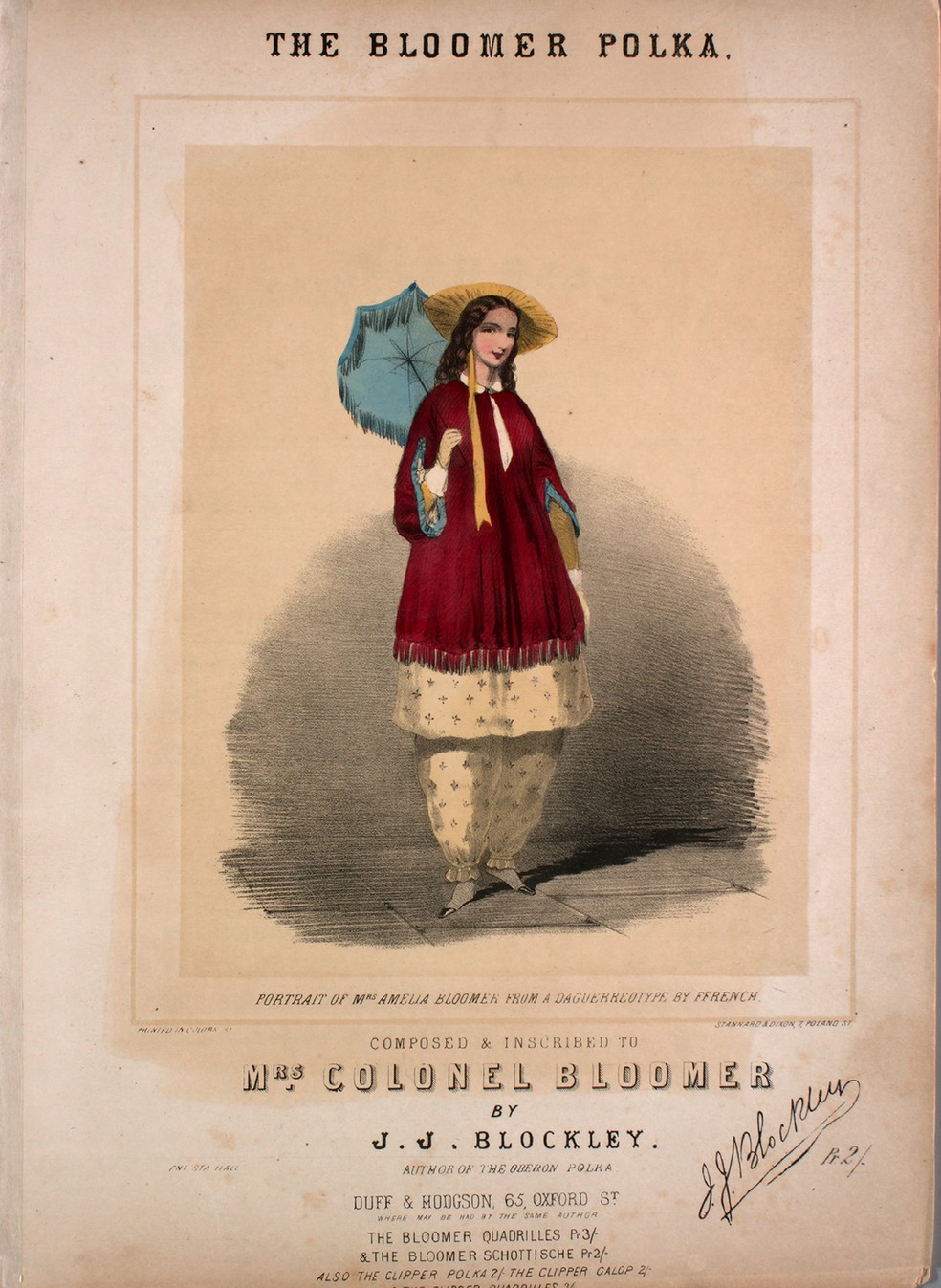 Retrato de Amelia Bloomer com "calças Bloomer" em folhetim de 1900 — Foto: Getty Images