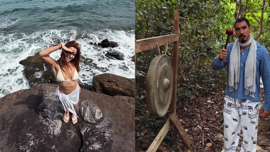 De biquíni, Giovanna Lancellotti curte praia e trilha com Gabriel David durante lua de mel no Camboja