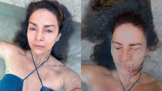 Claudia Ohana surge em clique sem maquiagem na piscina: 'Sombra e água fresca'