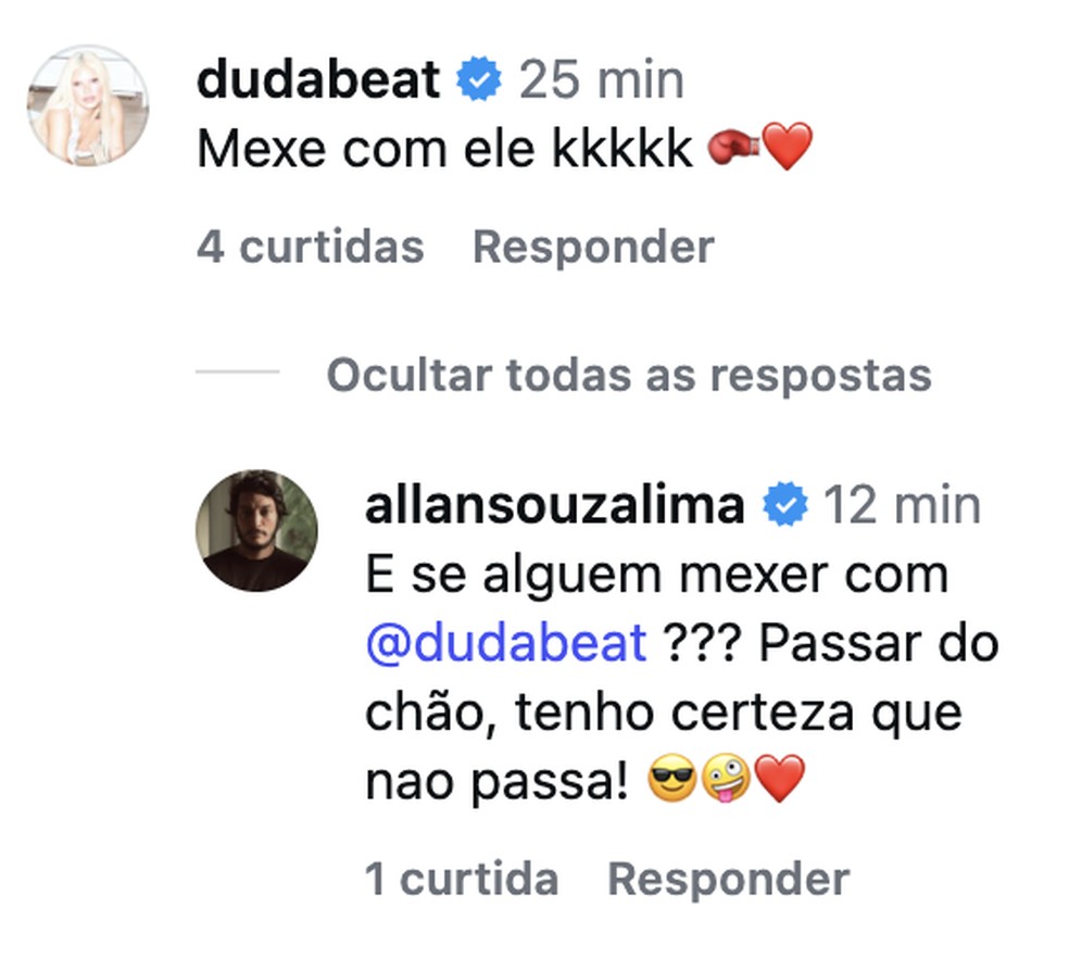Duda Beat reage após Allan Souza Lima aparecer treinando boxe: 'Mexe com ele' — Foto: Reprodução/ Instagram