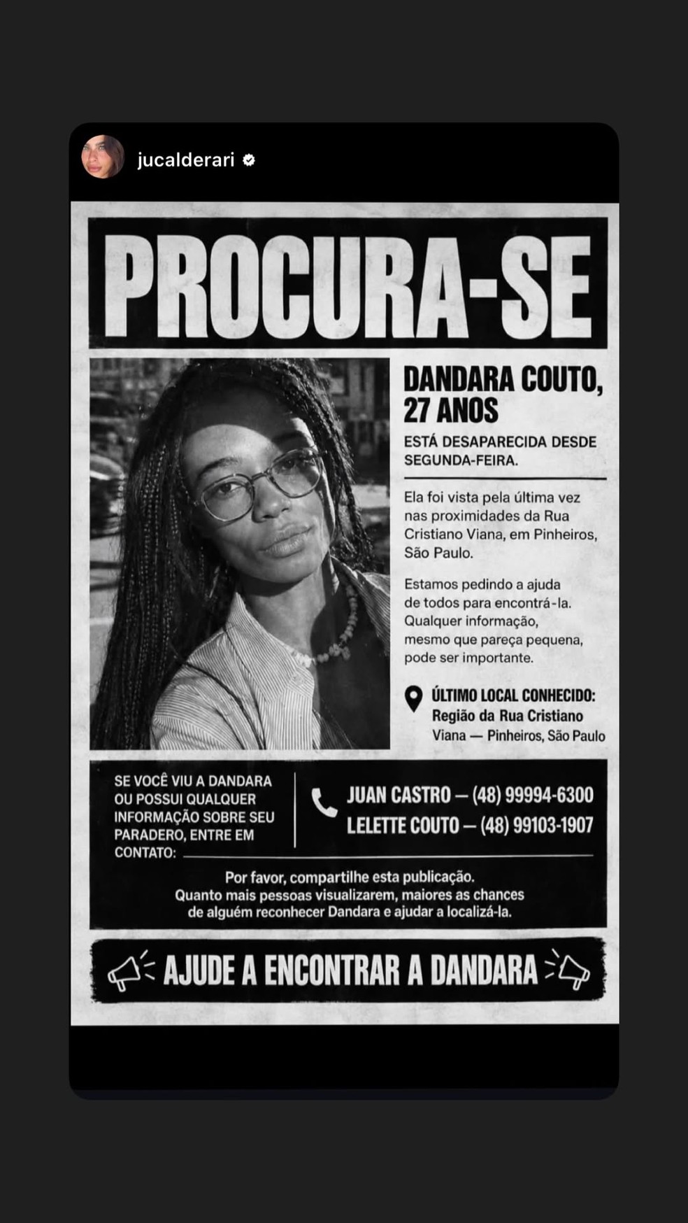 Modelo Dandara Couto está desaparecida — Foto: Reprodução/Instagram