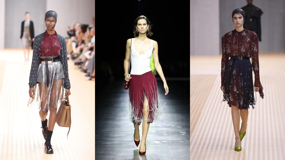 Semana de Moda de Milão: franjas. Prada, Gucci e Prada — Foto: Getty
