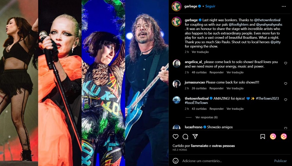 Garbage elogia brasileiros e cantora Pitty em post na web: 'Que noite