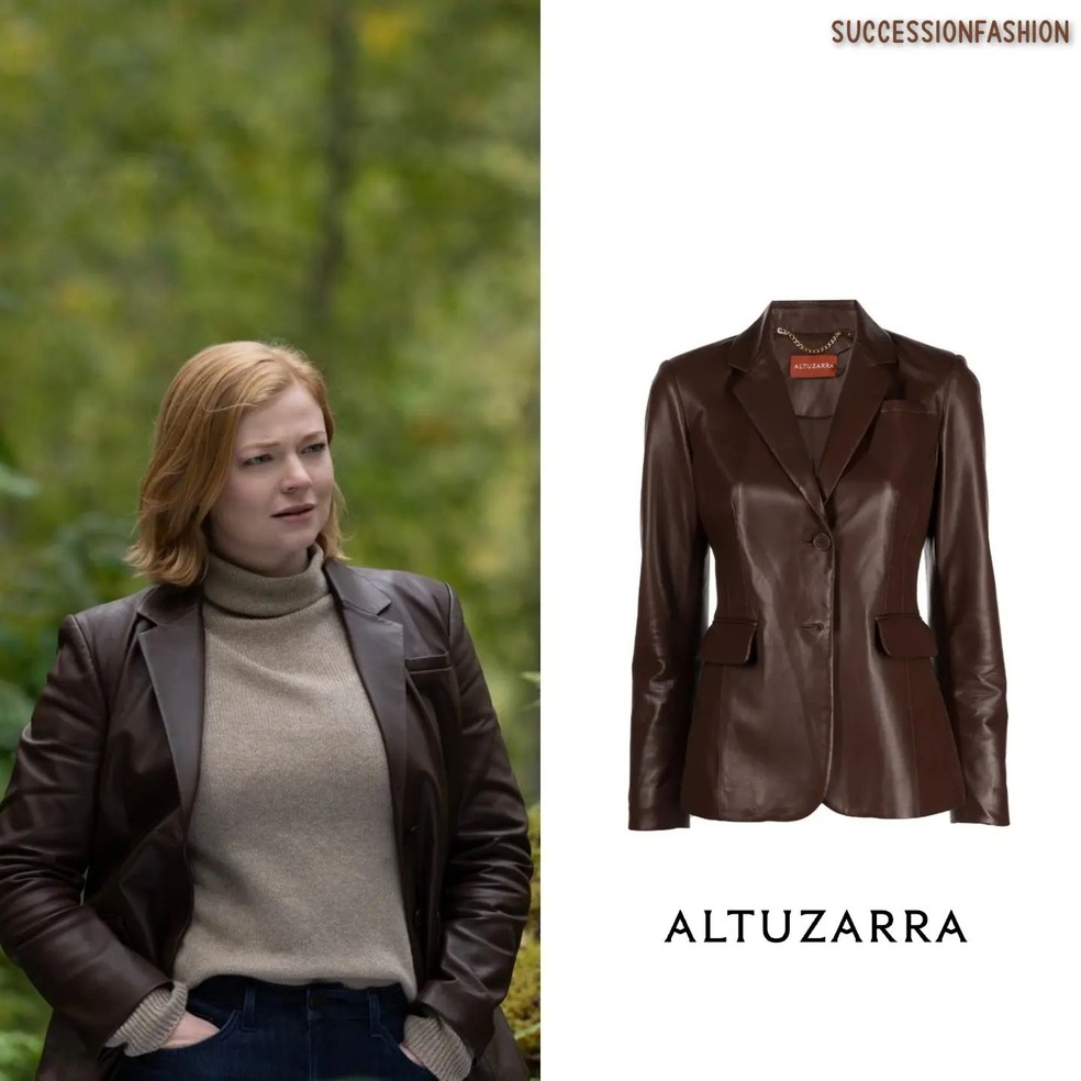 Perfil @successionfashion destrincha os looks dos personagens da série. Na imagem, Sarah Snook, a Shiv Roy, veste jaqueta Altuzarra — Foto: Reprodução Instagram @successionfashion