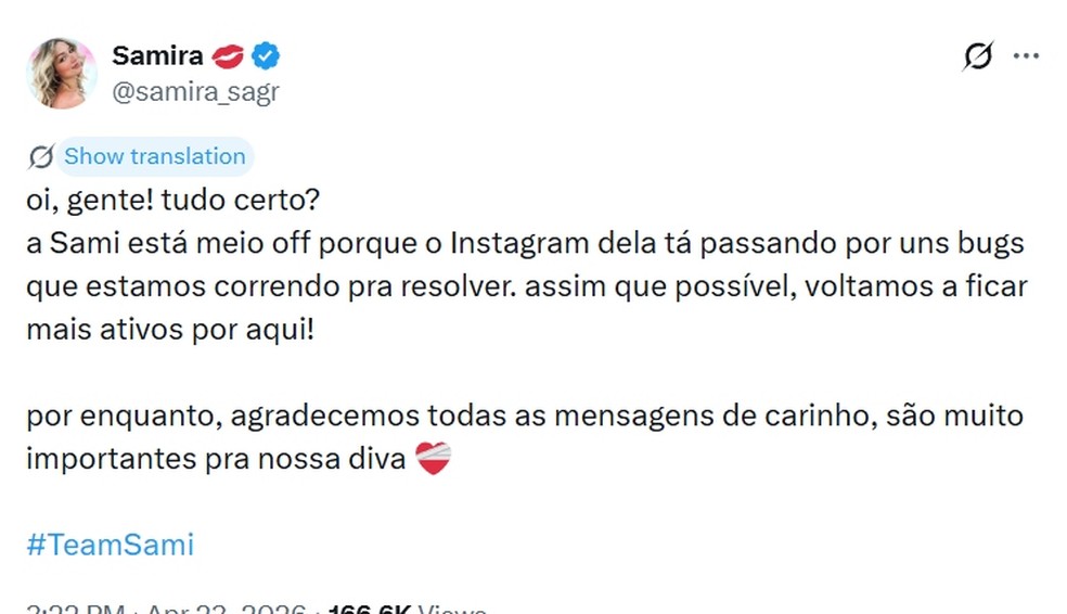 Samira Sagr deu um tempo das redes sociais após o BBB26 — Foto: Reprodução/Instagram