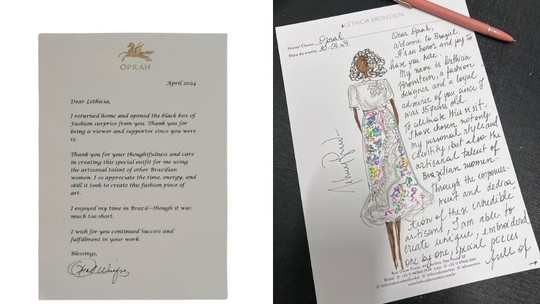 Oprah recebe presente de estilista brasileira e responde com carta enaltecendo 'talento artesanal' do país