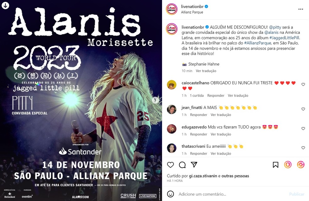 Pitty se apresentará com Alanis Morissette em único show na América Latina — Foto: reprodução/instagram