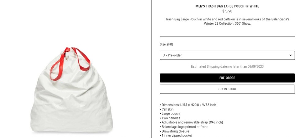 Bolsa 'thrash bag' da Balenciaga disponível para compra no e-commerce da marca — Foto: Reprodução/Balenciaga