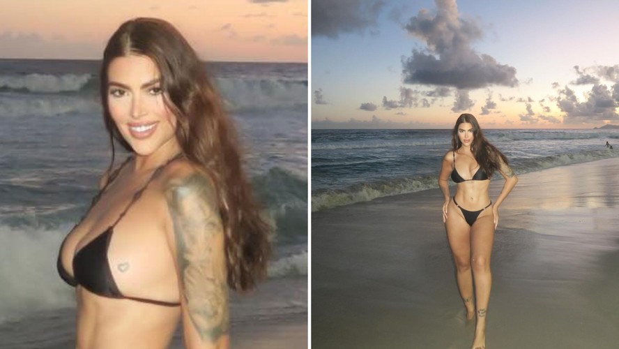 Renata Gutierrez, mãe do filho de Xamã, posa de biquíni em viagem