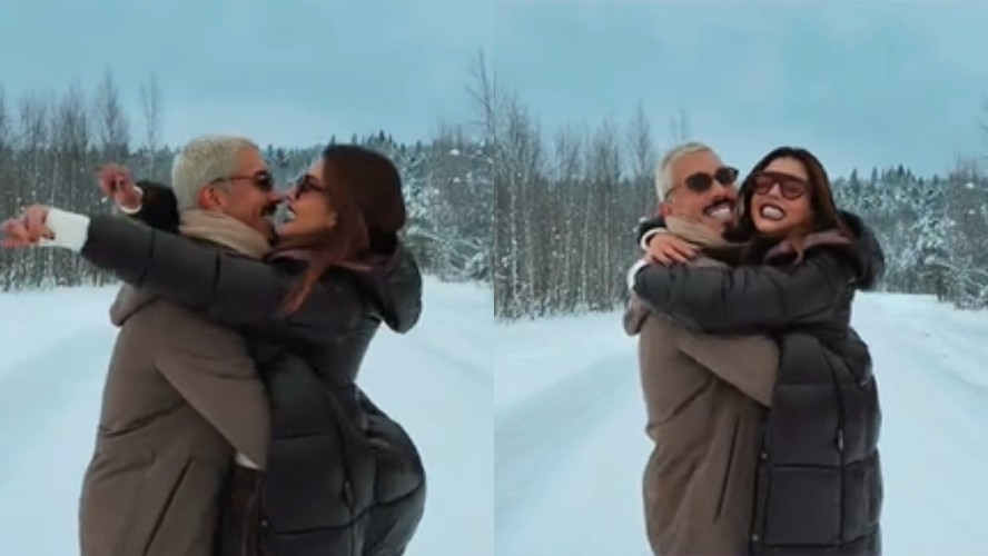 Giovanna Lancellotti e Gabriel David gravam clique romântico na neve em viagem após o Carnaval
