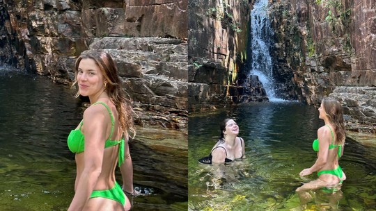 Alice Wegmann se refresca em cachoeira no interior de Goiás 