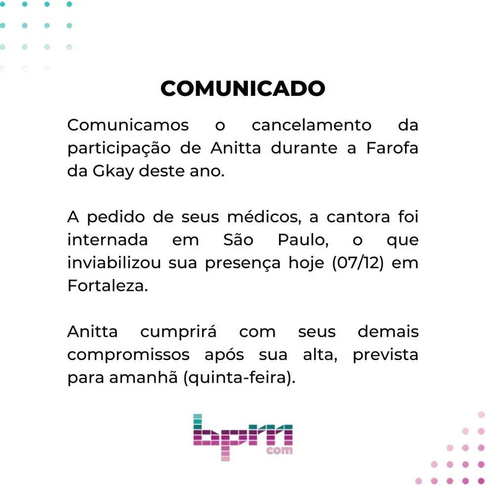 Anitta cancela participação na Farofa da Gkay após ser internada  — Foto: Reprodução/Instagram 