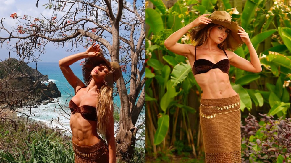 Jade Picon combina body chain e saia de tricô para dia de sol em Noronha — Foto: Reprodução/Instagram