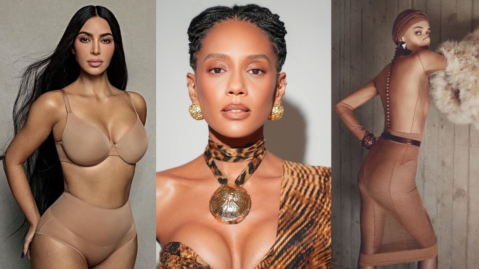 Taís Araújo, YSL e Kim Kardashian unidos a favor da calcinha bege — Foto: Reprodução/Instagram @kimkardashian, @taisdeverdade e @ysl