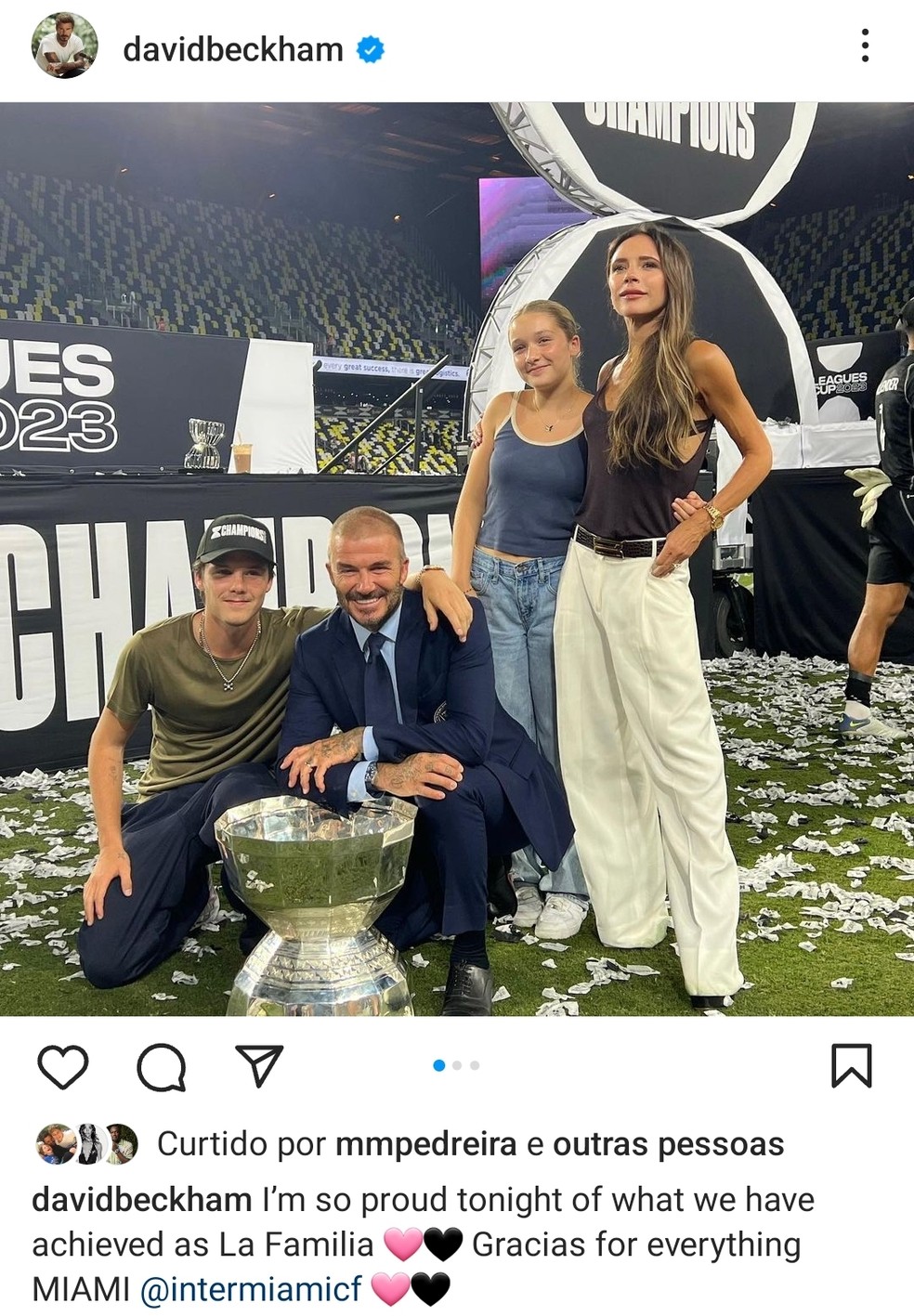 David Beckham faz postagem carinhosa com Victoria Beckham e os filhos Cruz e Harper na final da Leagues Cup — Foto: Reprodução