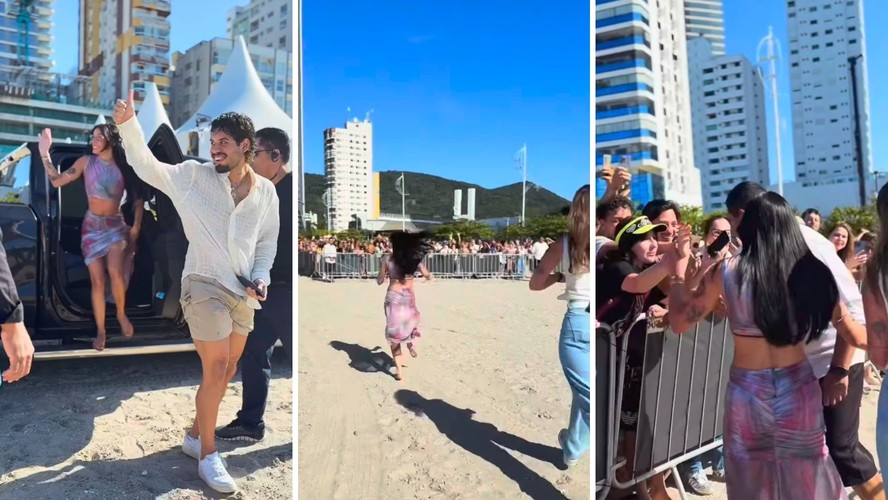Ana Castela e Zé Felipe são recebidos por multidão de fãs em praia de Balneário Camboriú
