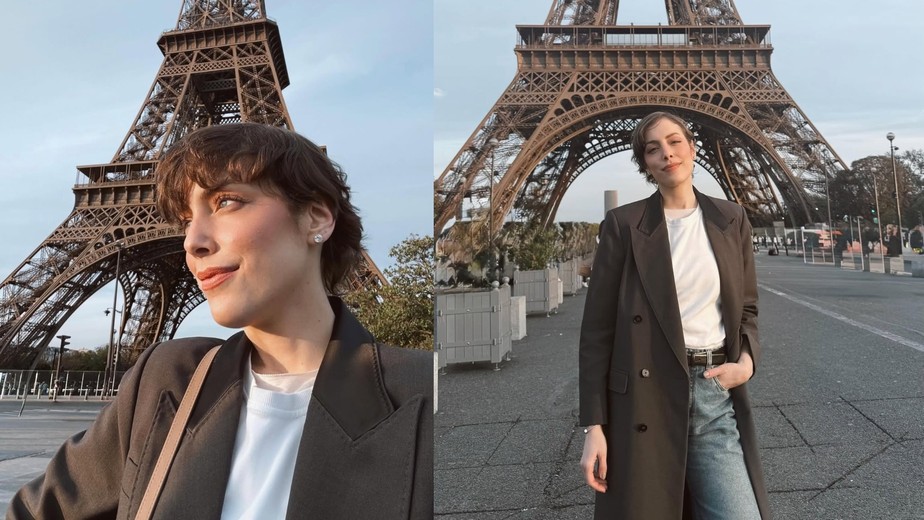 Fabiana Justus posa em frente a Torre Eiffel durante tour pela Europa