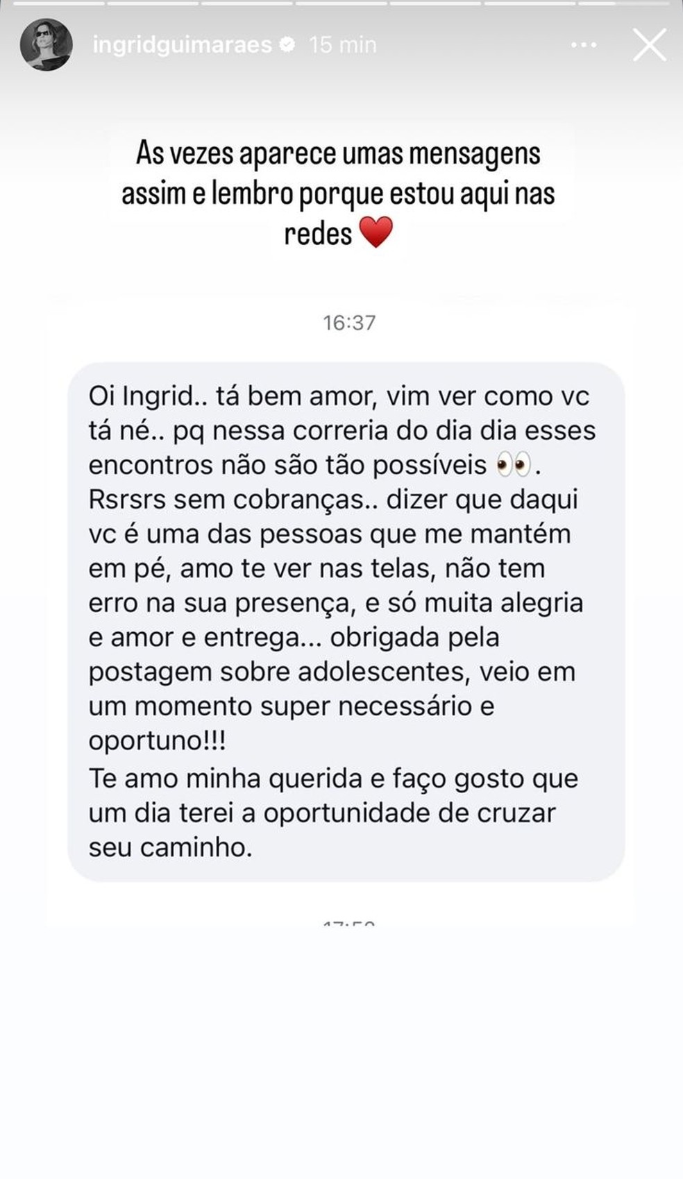 Ingrid Guimarães se emocionou com um relato de uma fã — Foto: Reprodução/Instagram