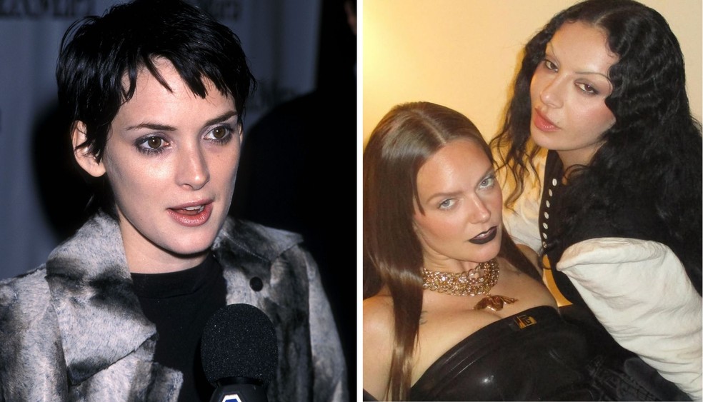 Grunge dos anos 90 (Winona Rider) e Grunge 2025 (Charli XCX e Tove Lo) — Foto: Getty Images / Reprodução Instagram @charli_xcx