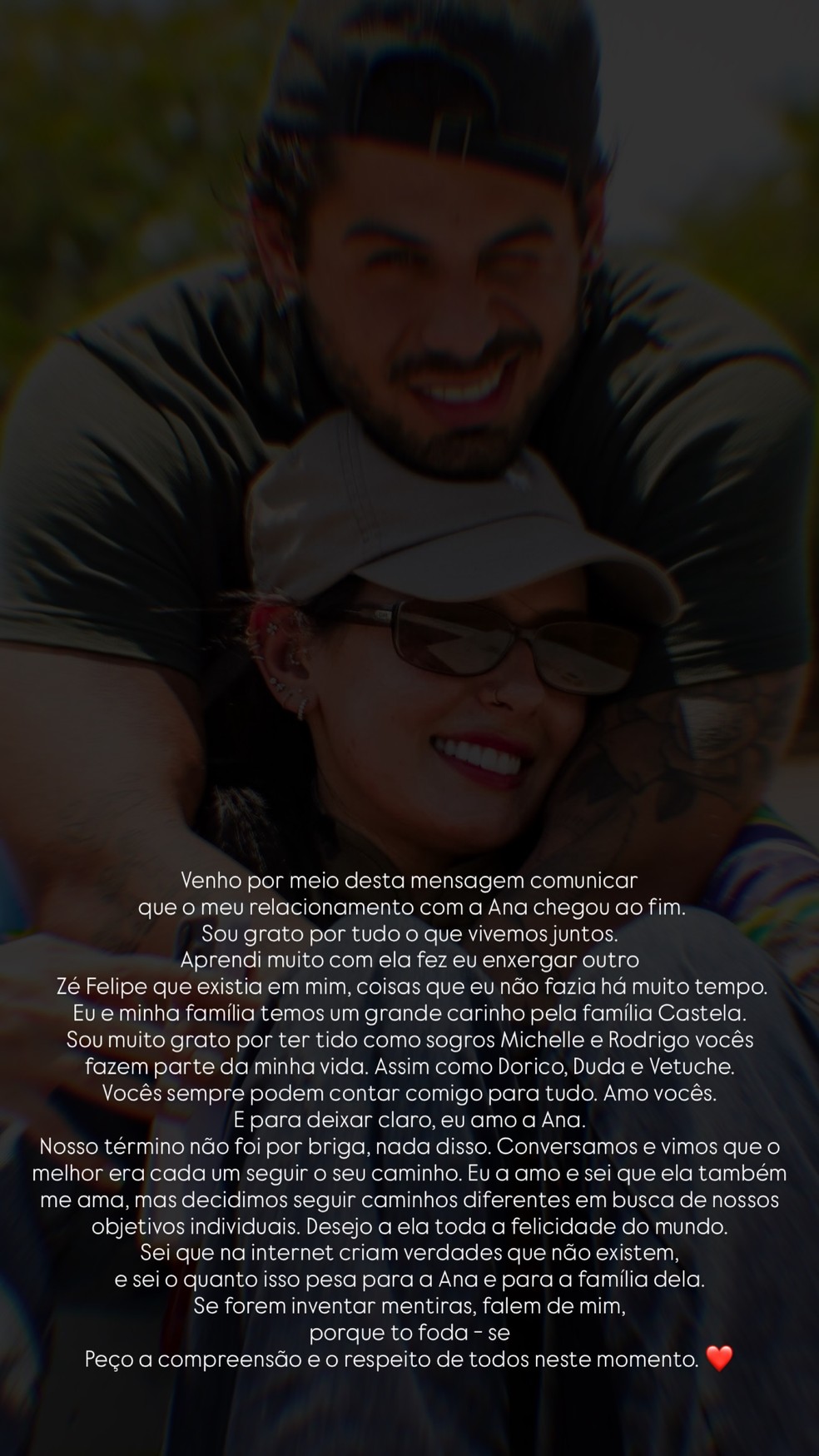 Zé Felipe anuncia fim do namoro com Ana Castela, após 2 meses juntos — Foto: Reprodução/Instagram