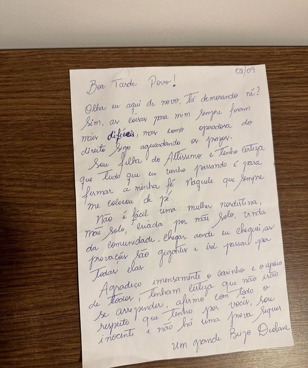 Segunda carta escrita por Deolane Bezerra após prisão — Foto: Reprodução/Instagram