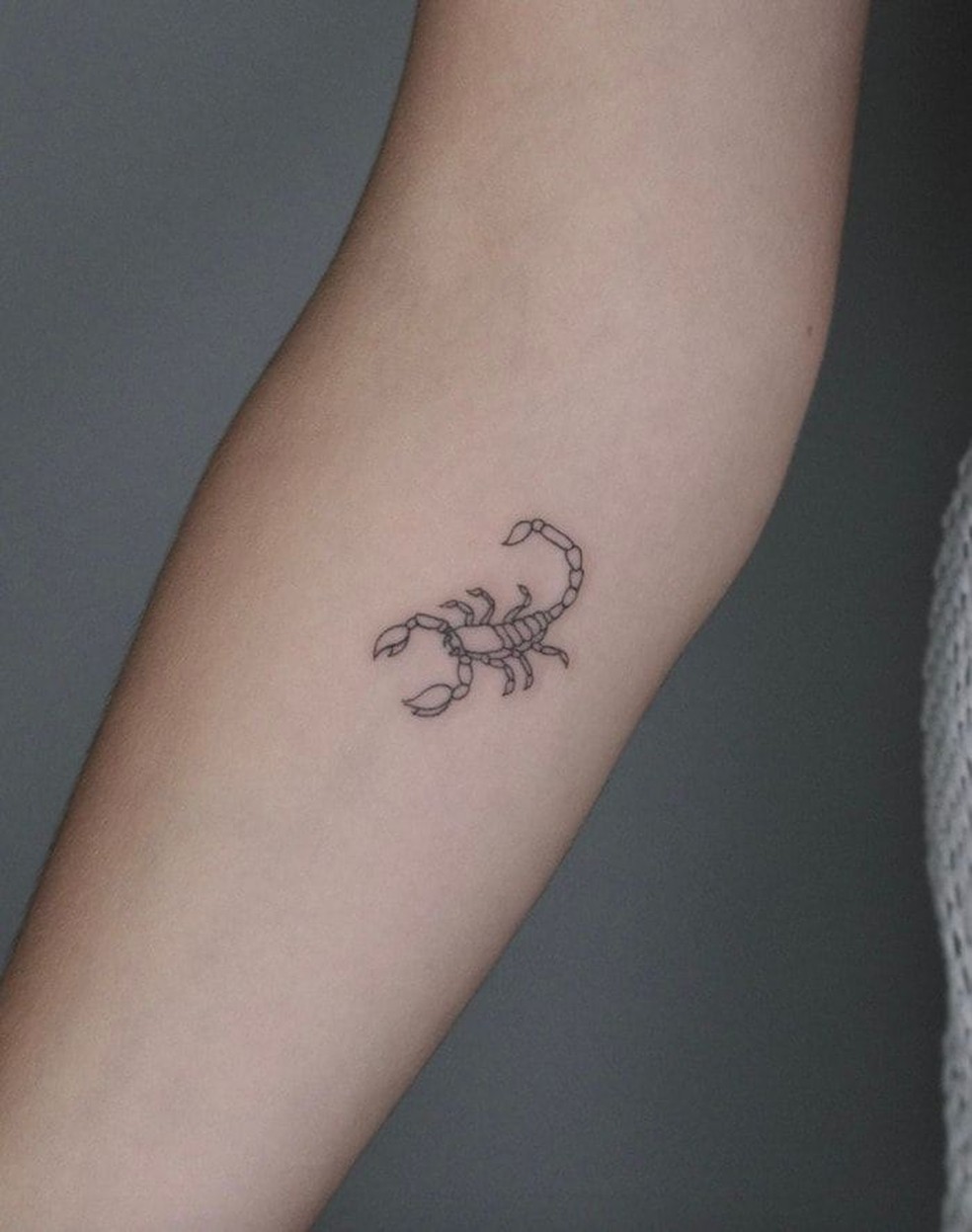 Braço: Escorpião minimalista com linhas finas, representando a intensidade emocional do signo. — Foto: Reprodução/Pinterest