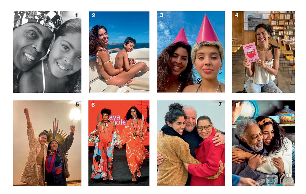 1. Com seu pai, Gilberto Gil 2. com o filho, Nino 3. com a filha, Flor 4. O livro Quem vai fazer essa comida?  5. com a ministra dos povos originários, Sonia Guajajara  6. desfilando no spfw com a artista e ativista Preta Ferreira 7. com o presidente Lula e a primeira-dama Janja 8. com o pai, no documentário Em casa com os Gil  — Foto: Arquivo Pessoal/Divulgação