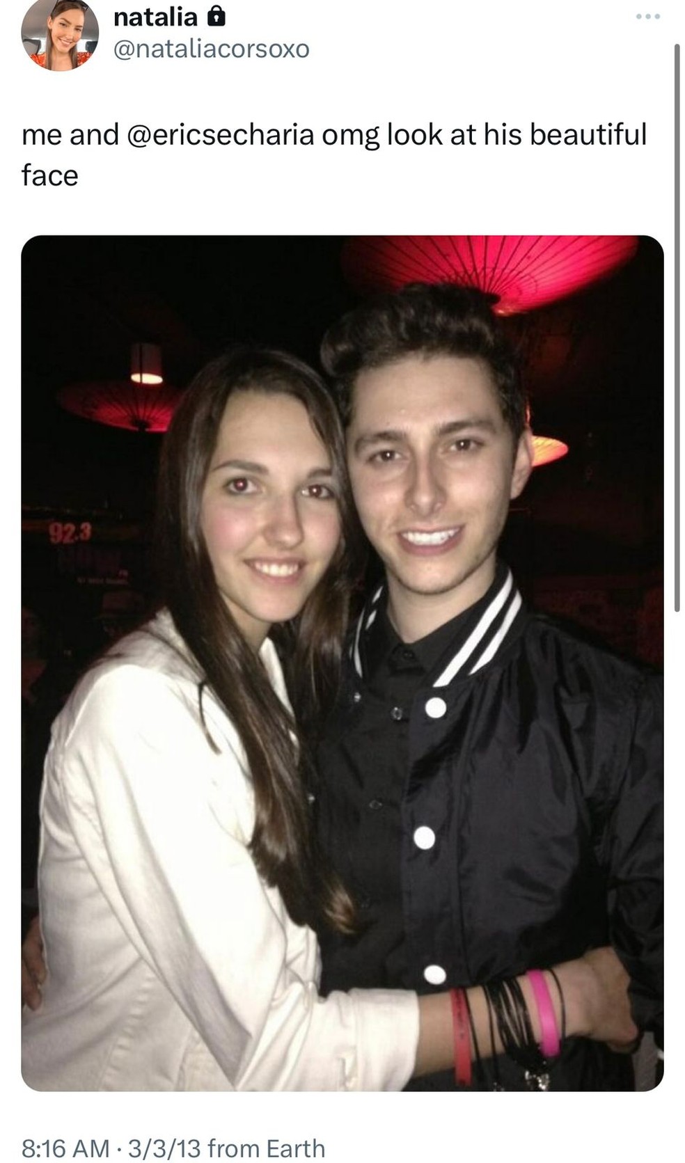 Postagem de Natália em 2013, quando tirou foto com o atual marido — Foto: Arquivo Pessoal