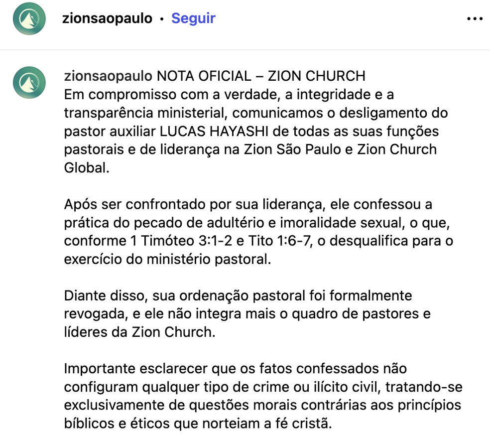 Igreja afasta pastor — Foto: Reprodução/ instagram