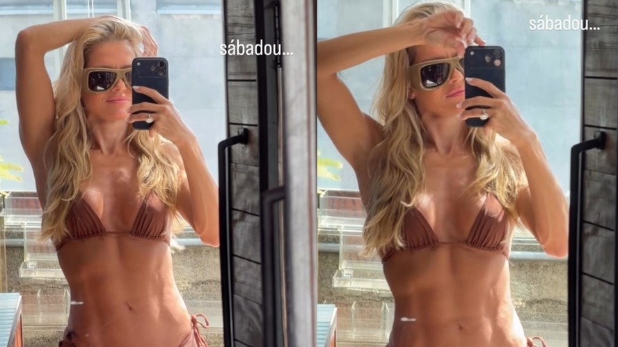 Deborah Secco posa de biquíni e exibe shape no espelho