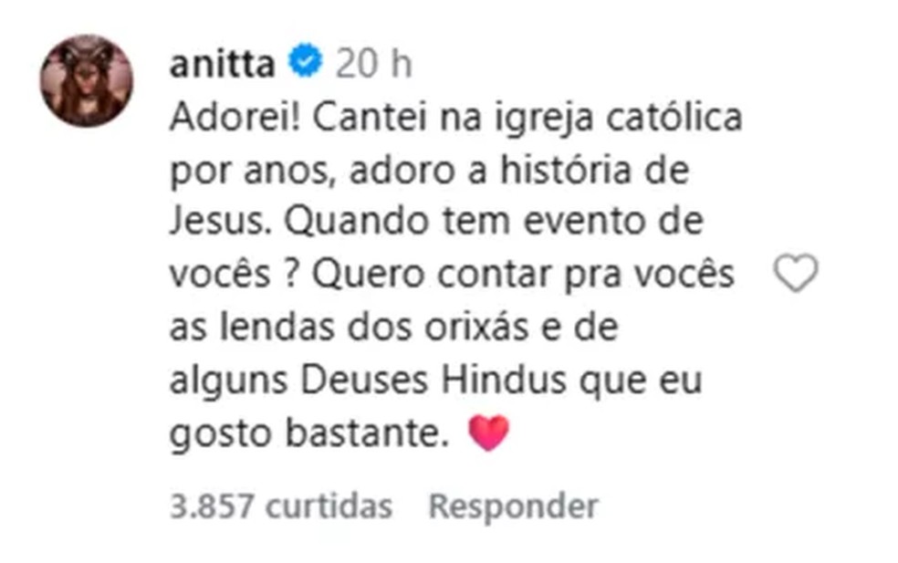 Anitta deixou comentário no vídeo — Foto: Reprodução/ Instagram