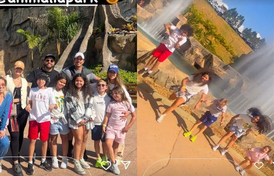 Dani Souza e Dentinho se divertem com filhos em parque de SP